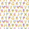 Sweet cookie letters in icing with confectionery sprinkles. Watercolor illustration. Seamless pattern on a white Royalty Free Stock Photo