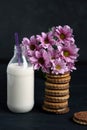 Sweet cookies, bottle of milk and pink flowers Royalty Free Stock Photo