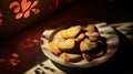 Sweet cookies with milk and cocoa in the form of a heart, lie on a wooden plate against the shadowed background