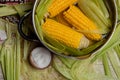 Sweet corn boil with salt. cooked sweet corn in pot on wooden table. Royalty Free Stock Photo