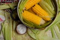 Sweet corn boil with salt. cooked sweet corn in pot on wooden table. Royalty Free Stock Photo