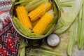 Sweet corn boil with salt. cooked sweet corn in pot on wooden table. Royalty Free Stock Photo