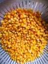 Sweet corn in cullender drained. Royalty Free Stock Photo