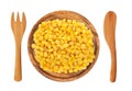 Sweet corn grain on wooden plate, fork and knife isolated Royalty Free Stock Photo