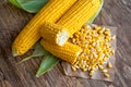 Sweet corn grains, ripe ears of corn, isolated on old wooden tab