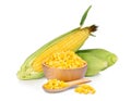 Sweet corn in wooden bowl and spoon with fresh corn isolated Royalty Free Stock Photo