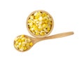 Sweet corn in wooden bowl and spoon isolated on white background. top view Royalty Free Stock Photo