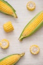 Sweet corns. Fresh corn on cobs on wooden table. Royalty Free Stock Photo