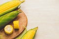 Sweet corns. Fresh corn on cobs on wooden table. Royalty Free Stock Photo
