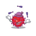 A sweet coronavirus particle mascot cartoon style playing Juggling