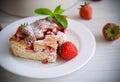 Sweet cottage cheese casserole with strawberry filling