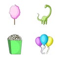 Sweet Cotton Wool On A Stick, A Toy Dragon, Popcorn In A Box, Colorful Balloons On A String. Amusement Park Set