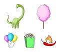Sweet cotton wool on a stick, a toy dragon, popcorn in a box, colorful balloons on a string. Amusement park set