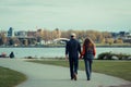 Vancouver BC Canada,couple holding hands walking at sea wall English bay Vancouver Canada Royalty Free Stock Photo
