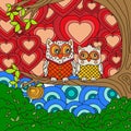 Sweet couple owl cartoon vector on tree branch. Greeting card with two lovely owls