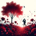 A sweet couple in a red rose flower field, with a romantic pose, lovely tree, bird, dreamy, flower petals, fantasy art