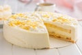Sweet creamy cake on white table Royalty Free Stock Photo