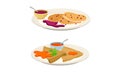 Sweet Crepe or Pancake Served on Plate with Berry Syrup and Caramel Vector Set