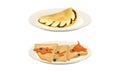 Sweet Crepe or Pancake Served on Plate with Caramel and Chocolate Filling Vector Set