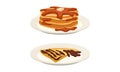 Sweet Crepe or Pancake Served on Plate with Chocolate and Caramel Vector Set