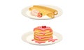 Sweet Crepe or Pancake Served on Plate with Cream and Raspberry Jam Vector Set Royalty Free Stock Photo