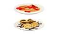 Sweet Crepe or Pancake Served on Plate with Strawberry Jam and Chocolate Vector Set Royalty Free Stock Photo