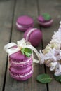 Sweet crimson french macaroons wiht hyacinth flowers and mint on dark wooden background