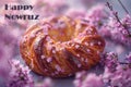 Sweet croissant with purple cherry blossoms and Happy Nowruz text