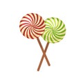 Sweet crossed lollypops on wooden sticks isolated illustration