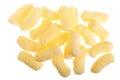 Sweet crunchy corn sticks or snacks isolated on white background. Top view. Flat lay Royalty Free Stock Photo