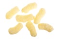 Sweet crunchy corn sticks or snacks on white background. Top view. Flat lay Royalty Free Stock Photo