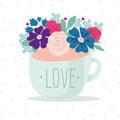 Turquoise cup with the inscription love, decorated with floral decor. Nice illustration. Letthering