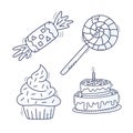 Sweet cupcake, cake, candy and lollipop. Set of hand drawn sweet. Doodle cakes with cream and berries. Vector illustration Royalty Free Stock Photo