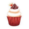 Sweet cupcake with decor and cream painted in watercolor