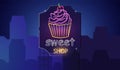 Sweet cupcake neon symbols Vector. Glowing sign dark background. Shinning billboard or menu templates
