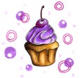 Sweet cupcake with purple cream and cherry. Drawing by hand, markers. Cake on a white background. Royalty Free Stock Photo
