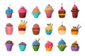Sweet cupcakes big set, creamy pastries decorated with waffles, candies, strawberry, cherry, chocolate vector