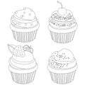 Sweet cupcakes collection. Vector black and white coloring page Royalty Free Stock Photo