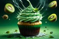 sweet cupcakes with green cream with kiwi, on a green background.
