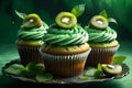 sweet cupcakes with green cream with kiwi, on a green background.