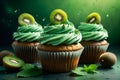 sweet cupcakes with green cream with kiwi, on a green background.