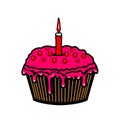 sweet cute cup cake with red cherry neon red with red candle vector illustration