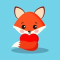 Sweet and cute fox with red heart isolatrd on blue background