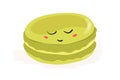 Sweet cute macaroon with funny face sleeping. French macaron dessert. Almond pastry with cream filling. Sugar food with