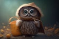 Cute owl kid with Halloween costume collects candy