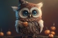 Cute owl kid with Halloween costume collects candy