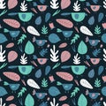 Pastel cyan, pink and blue birds on dark black background. Folk art, hand drawn night vector seamless pattern with