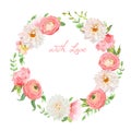 Sweet dahlia, ranunculus, rose, carnation, green plants round vector design frame