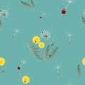 Sweet dandelion with ladybugs vector seamless pattern design. Surface pattern design. Great for summer vintage fabric, wallpaper, Royalty Free Stock Photo