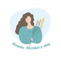 Sweet, dear and tender mother with flowers in her hands. Mother s Day greeting card